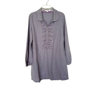 Boden Gray 100% Linen Tunic Top Long Sleeve Embroidered